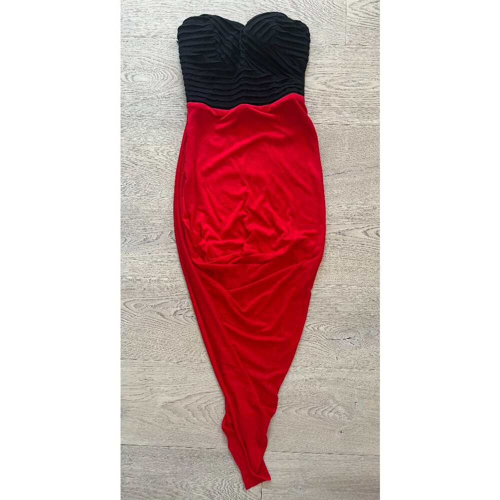 G by Guess Strapless Asymmetric Black and Red Midi Dress
